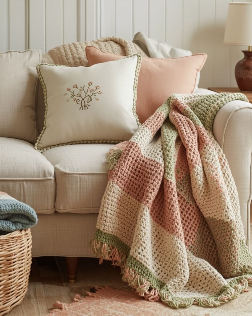 Grandmacore living room with crocheted throw, quilt, and handmade cozy textures