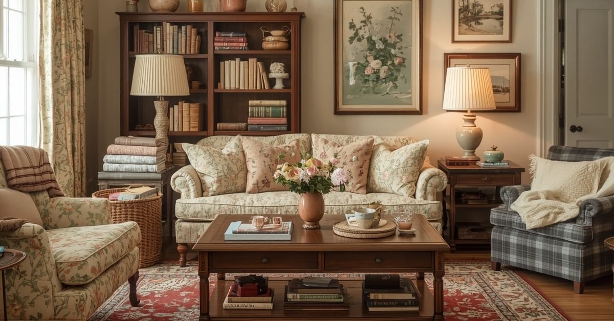 Cozy grandmacore living room with floral sofa, vintage decor, layered rugs, and warm lamplight