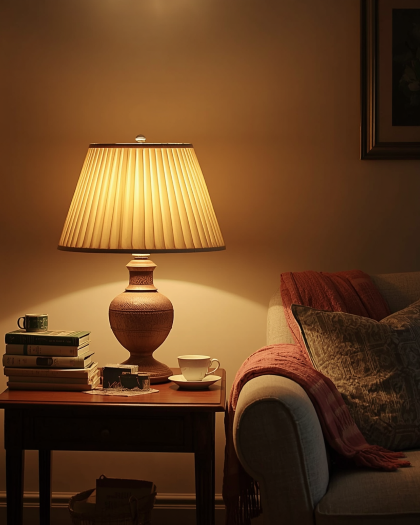 Grandmacore living room corner with warm lamplight, soft seating, and vintage decor