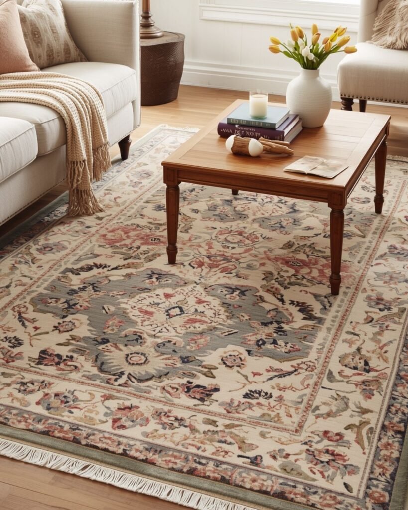 Grandmacore living room with layered vintage-style rugs, warm wood furniture, and cozy seating