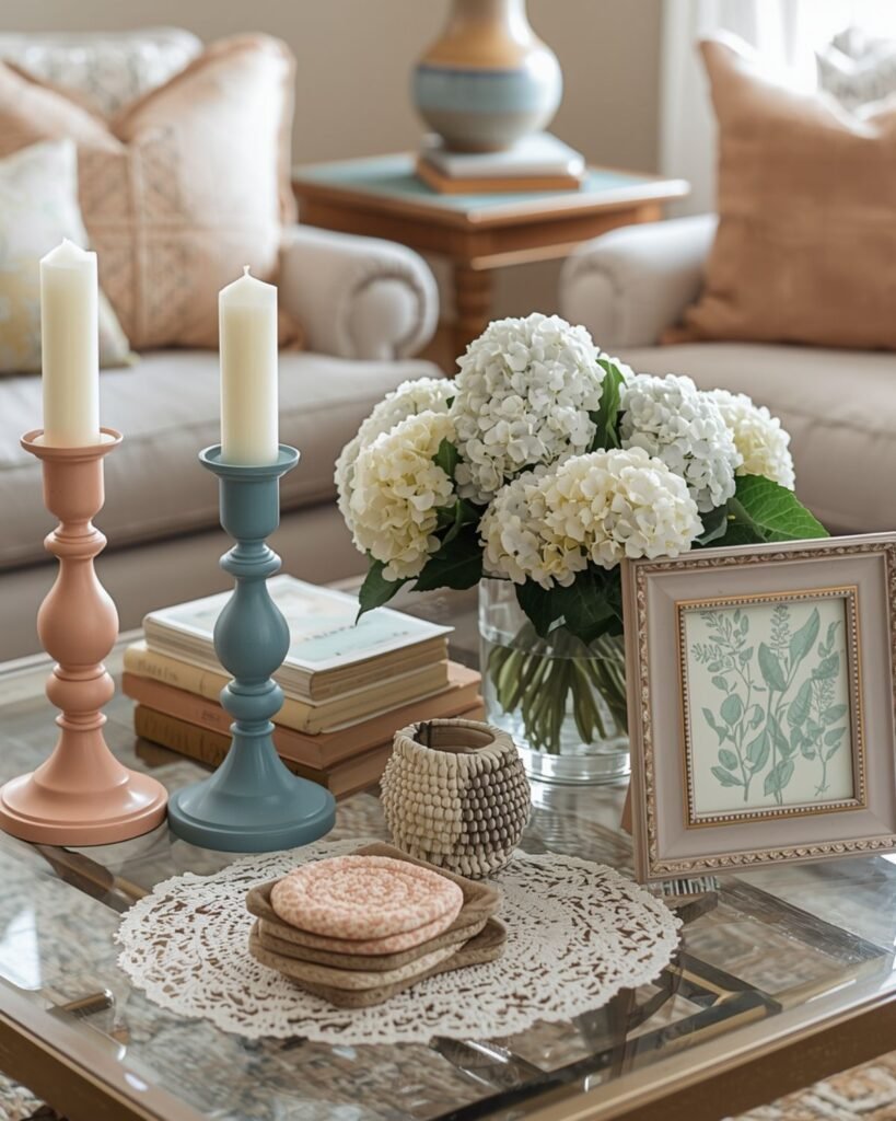 Grandmacore living room with mismatched vintage decor, warm wood tones, and cozy layered styling