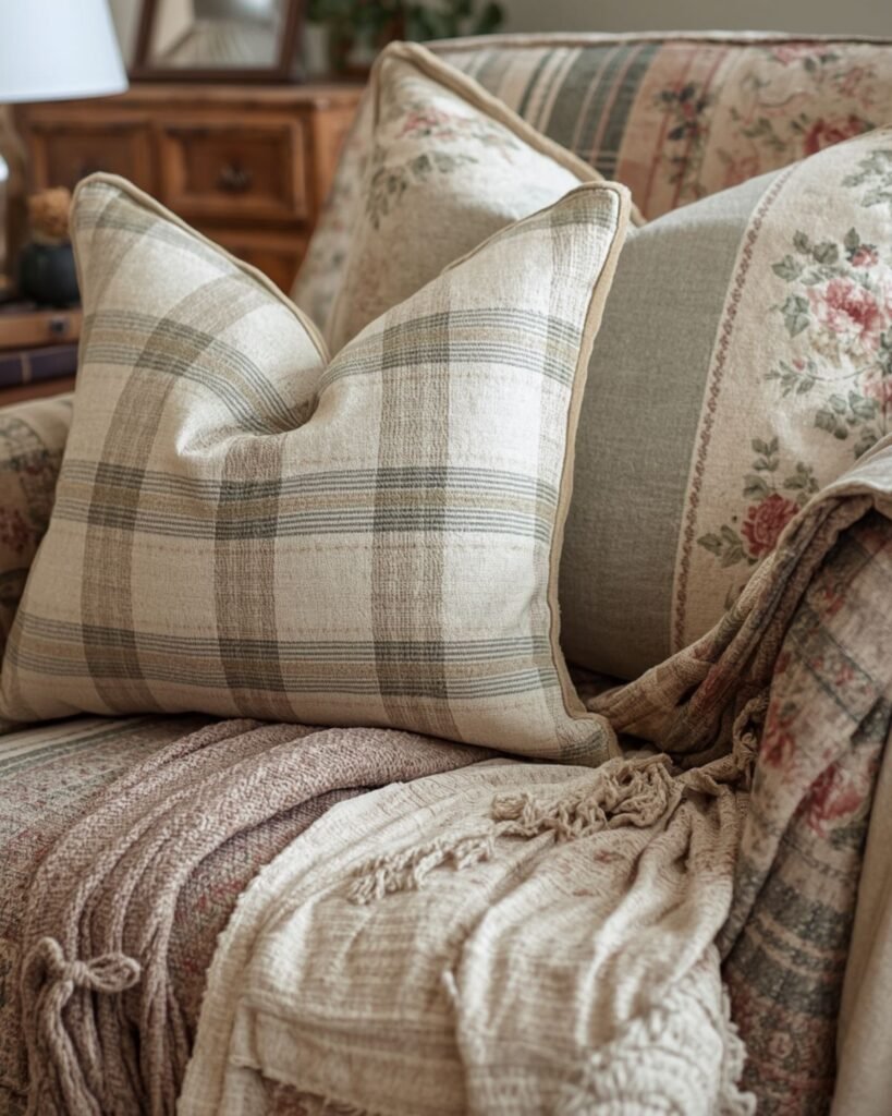 Grandmacore sofa with mixed floral, plaid, and striped pillows in soft cozy tones