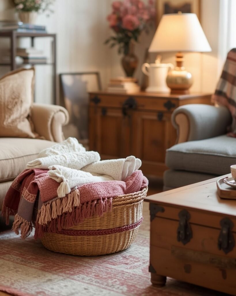 Grandmacore living room with woven basket, vintage trunk, and cozy decorative storage