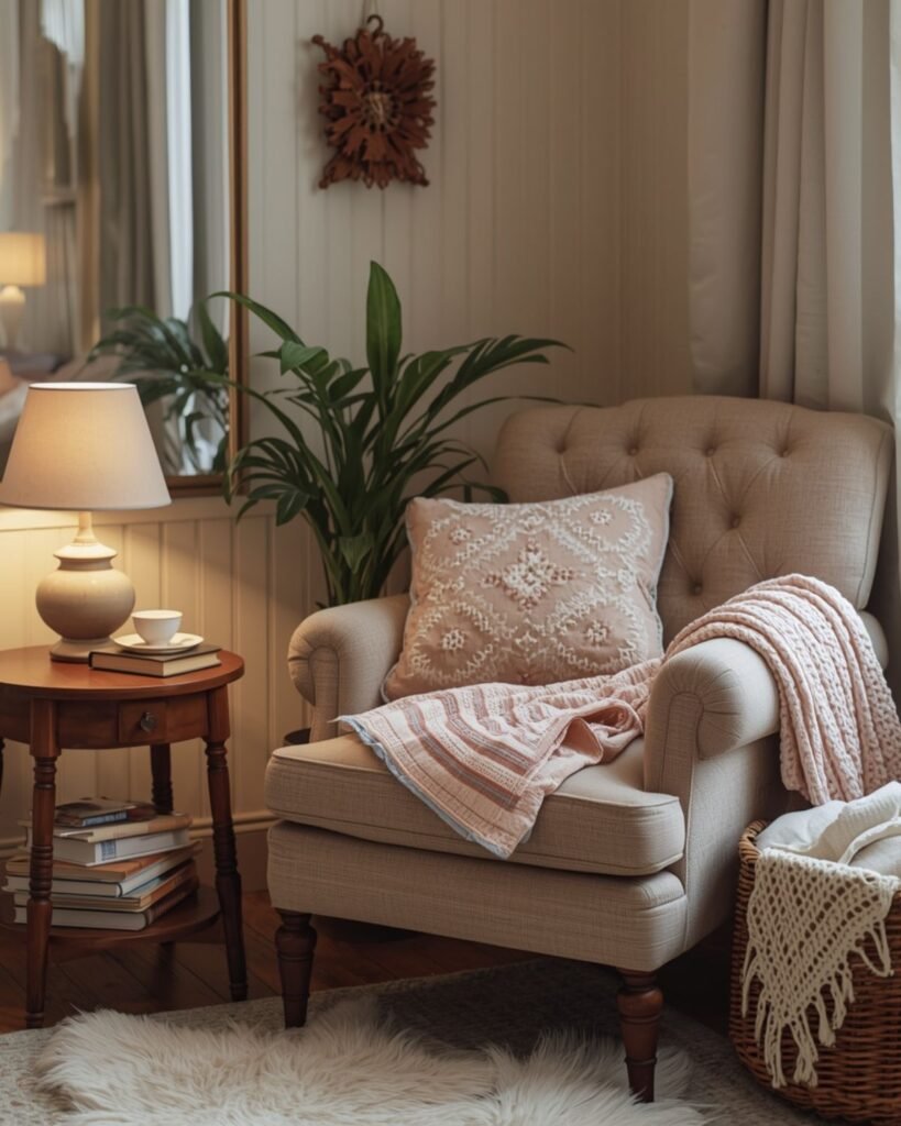Grandmacore reading corner with upholstered chair, teacup, books, and warm lamplight