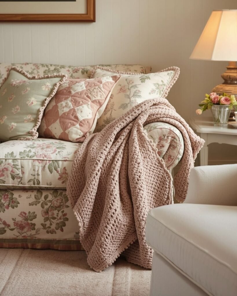 Cozy grandmacore seating area with floral sofa, layered pillows, and soft throw blanket