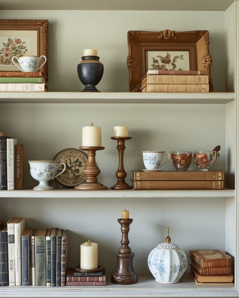 Grandmacore living room shelves styled with vintage books, framed art, and small keepsakes
