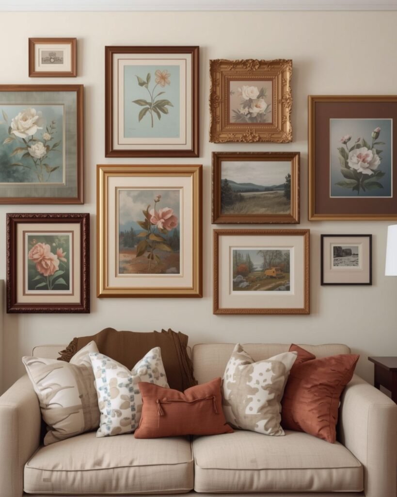Grandmacore living room with vintage wall art, framed photos, and cozy collected decor