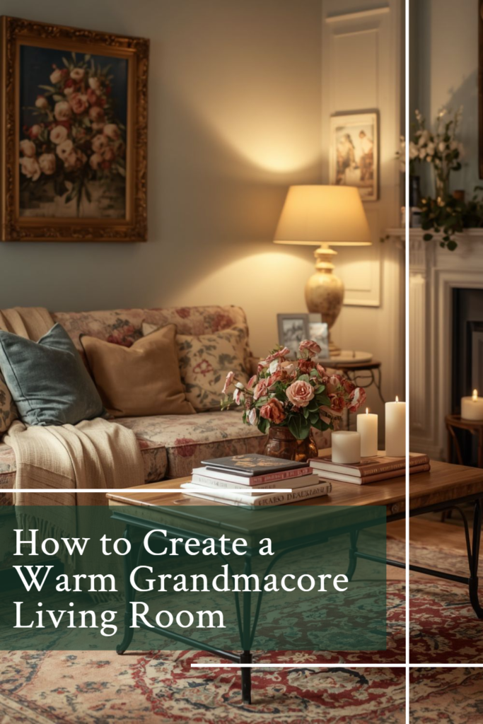 Grandmacore living room with floral sofa, layered rugs, warm lighting, and cozy vintage decor