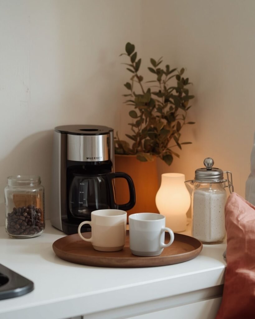 Minimal cozy coffee bar with compact coffee maker, two simple mugs, and glass jars in a calm small space