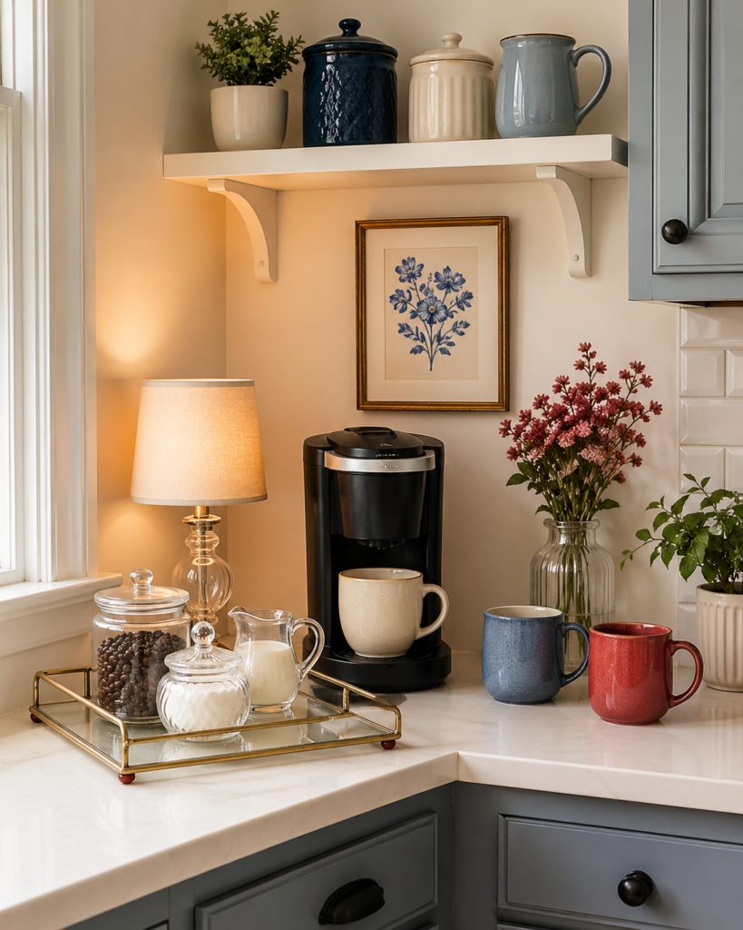 small kitchen corner with a compact coffee maker, glass jars, mugs, and warm lighting