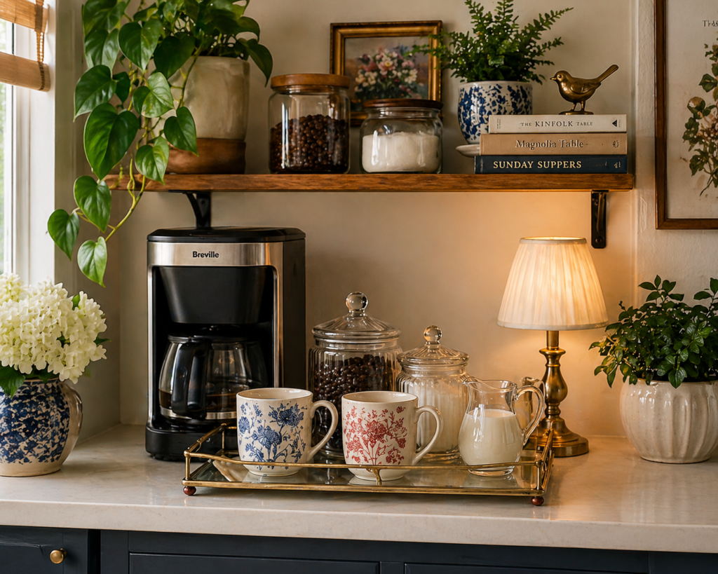small-space in kitchen with patterned mugs, glass jars, cream carafe, and warm lamp light