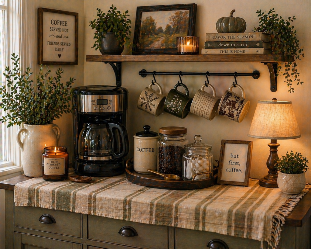Cozy coffee bar with a personal framed print, compact coffee maker, patterned mugs, glass jars, and warm lamp light