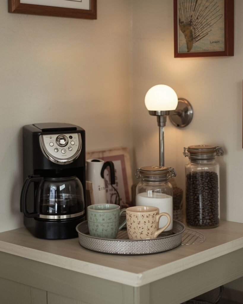 Cozy coffee bar with a personal touch including a framed print, compact coffee maker, mugs, and glass jars