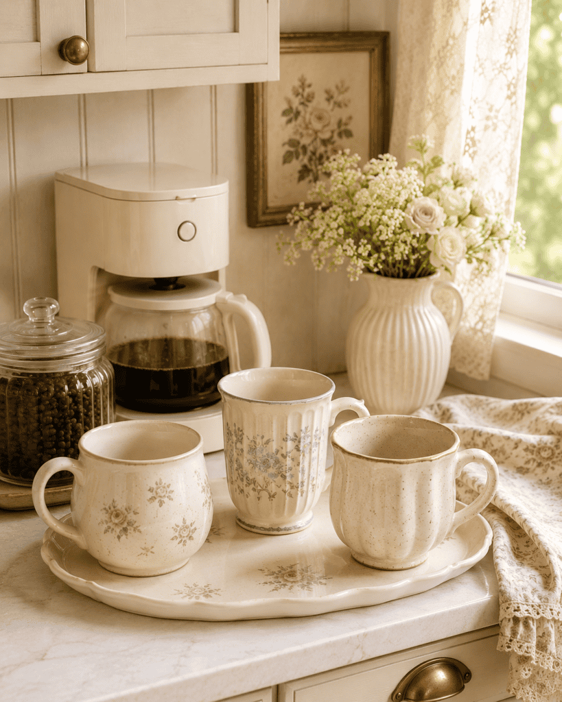 Cozy coffee bar ideas with mismatched vintage mugs, coffee maker, and glass jar of coffee beans