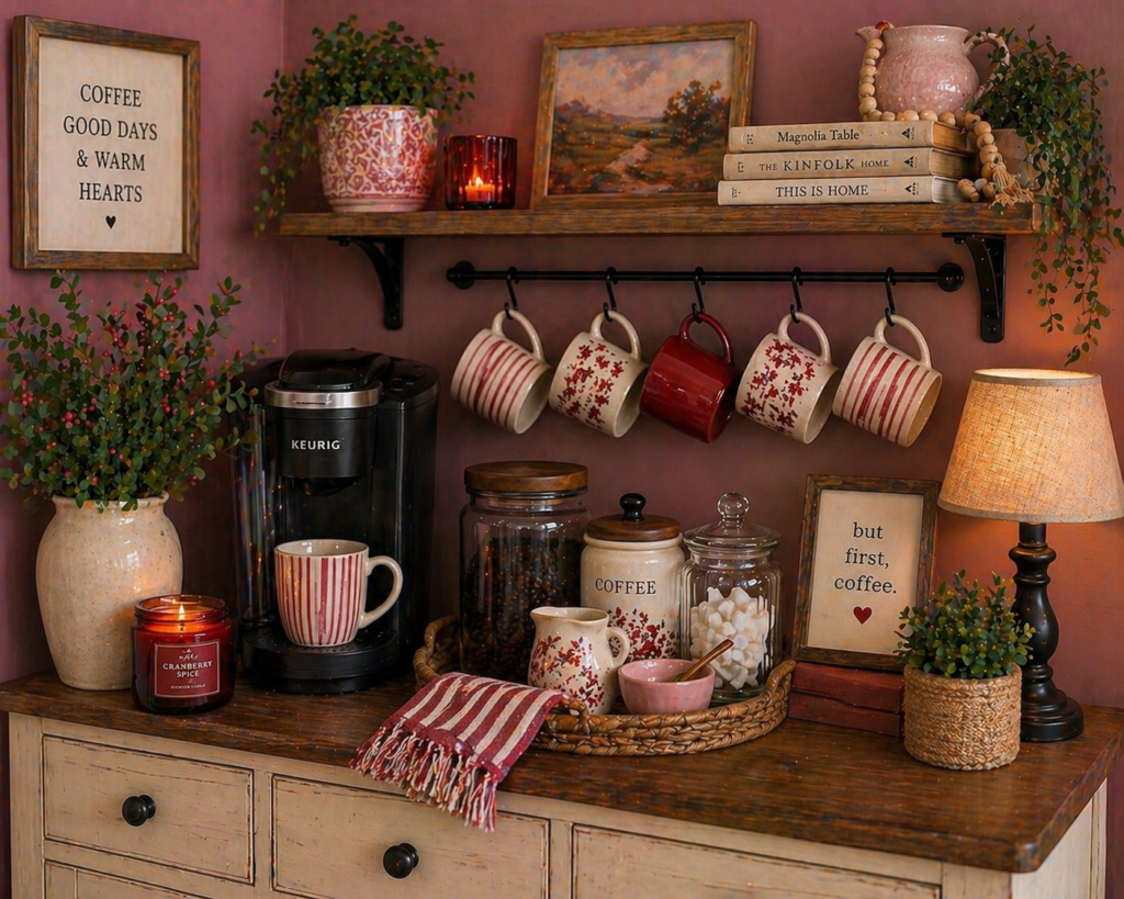 red and pink striped mugs, warm-toned wall, glass jars, and soft lamp lighting