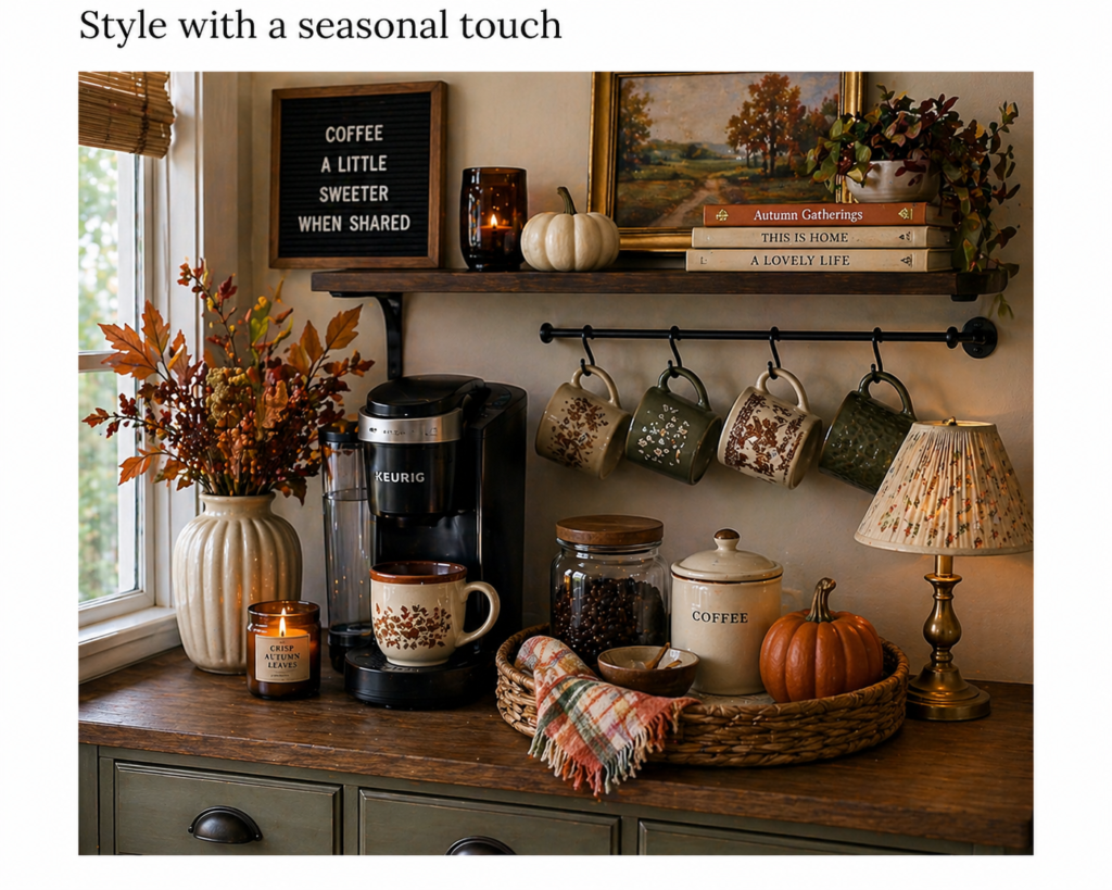 Cozy autumn coffee bar with seasonal leaves, pumpkins, hanging mugs, coffee maker, and warm lamp light