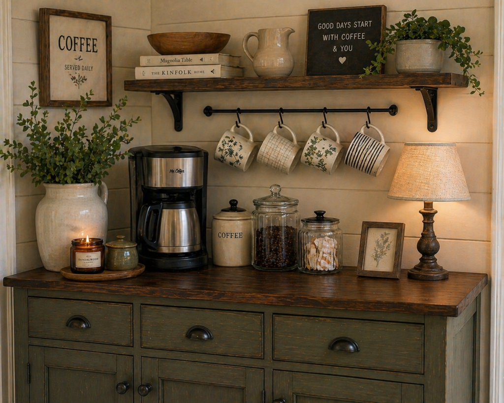 Cozy coffee bar styled on a small green sideboard with hanging mugs, glass jars, coffee maker, and warm lamp light