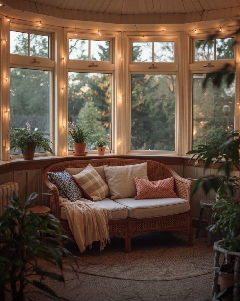 cozy sunroom in the evening with warm lamp light string lights and wicker seating