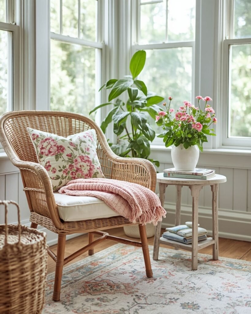 cozy sunroom with wicker wood textiles rug and layered textures