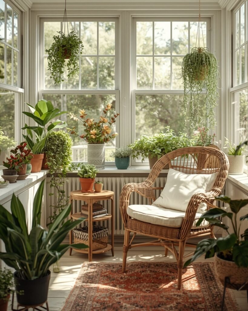 bright cozy sunroom with potted plants wicker chair and natural sunlight