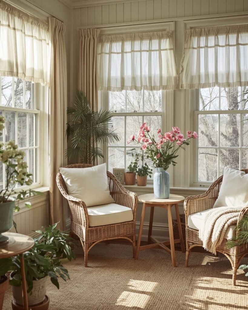 bright cozy sunroom with spring flowers wicker seating and soft seasonal decor