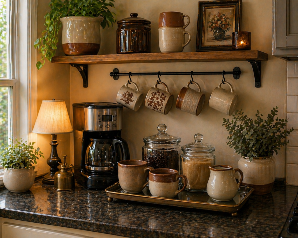Cozy coffee bar with two-tone vintage mugs, dark brown countertop, glass jars, and warm lamp light`