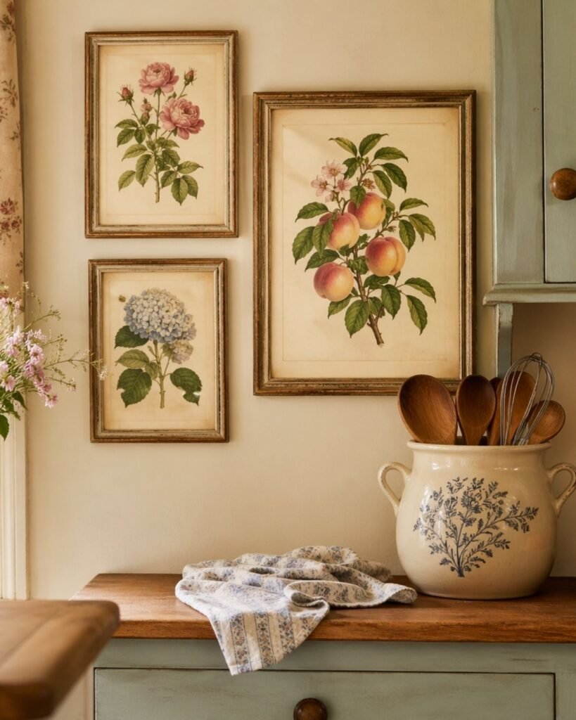 Framed botanical prints styled as vintage kitchen wall decor in a cozy cottage kitchen