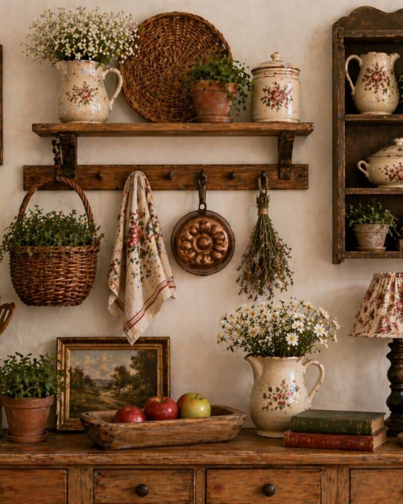 vintage shelves, woven basket, framed art, floral ceramics, herbs, plants, and warm collected cottage details.