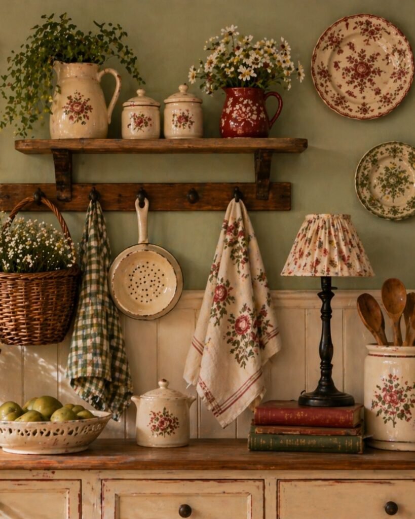 sage green walls, floral plates, vintage linens, wicker basket, red pitcher, and cozy collected cottage accents.