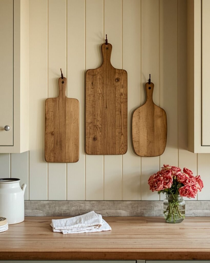 Vintage wooden cutting boards styled as cozy kitchen wall decor in a cottage kitchen