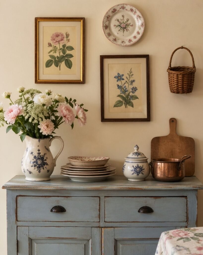 Kitchen wall decor ideas with framed botanical prints, a floral plate, hanging basket, and blue vintage cupboard in a cozy cottage kitchen.