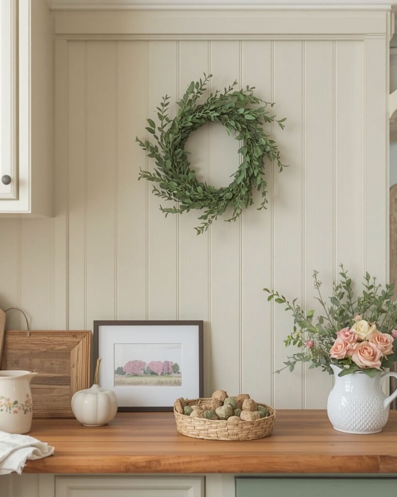 Greenery wreath as soft in kitchen