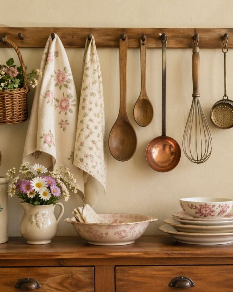 hanging vintage utensils, floral tea towels, a wicker basket, and pretty dishes above a warm wood cupboard in a cozy cottage kitchen