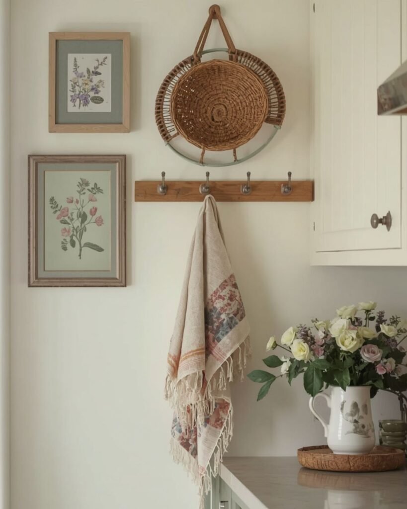 Peg board and floral artwork.