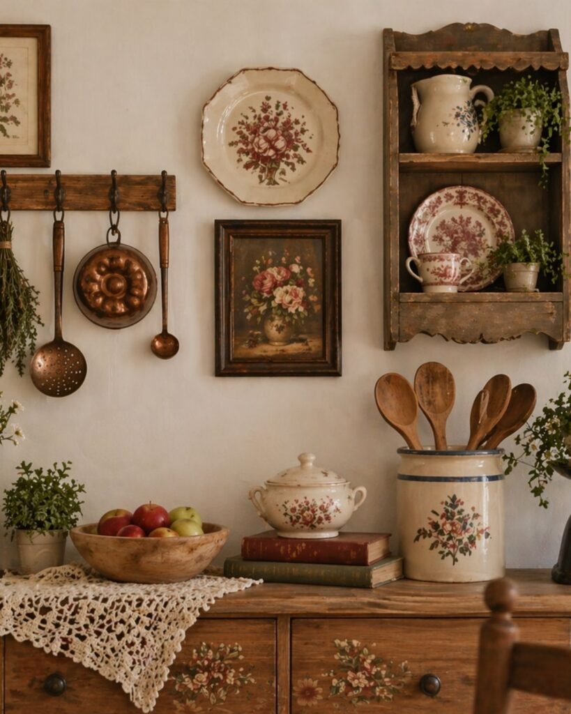 layered vintage plates, framed art, hanging utensils, a wall shelf, flowers, and collected countertop pieces in a cozy kitchen.