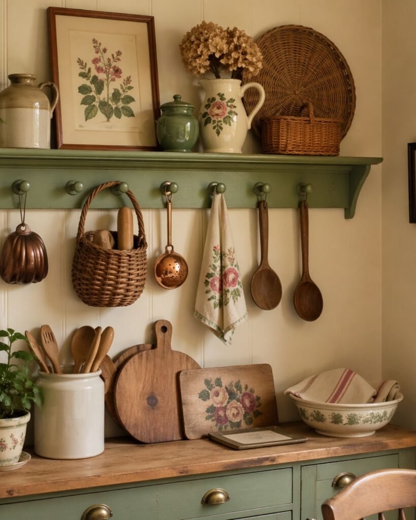 a green wooden peg rail, floral towels, wicker basket, copper pieces, and vintage kitchen utensils.