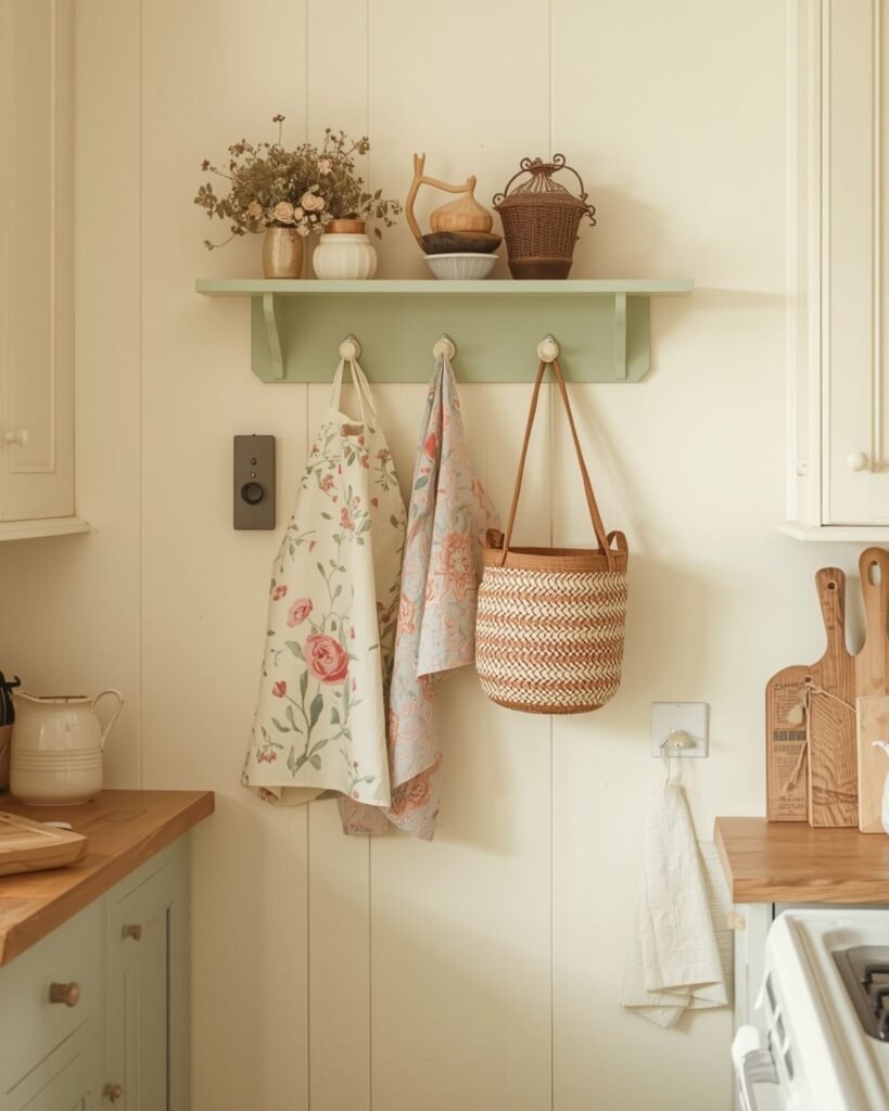 Vintage peg rail wall decor in a cozy cottage kitchen with towels and soft charm
