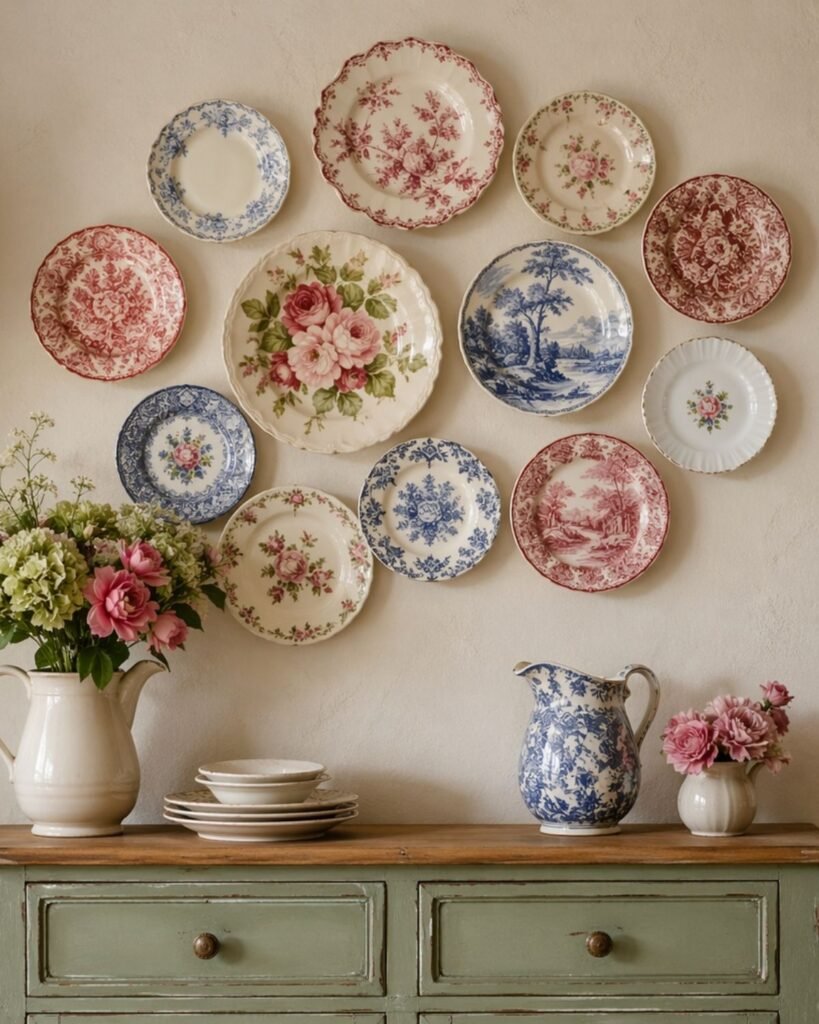 Kitchen wall decor ideas with a vintage plate wall in a cozy cottage kitchen featuring floral and blue-and-white dishes above a painted sideboard.