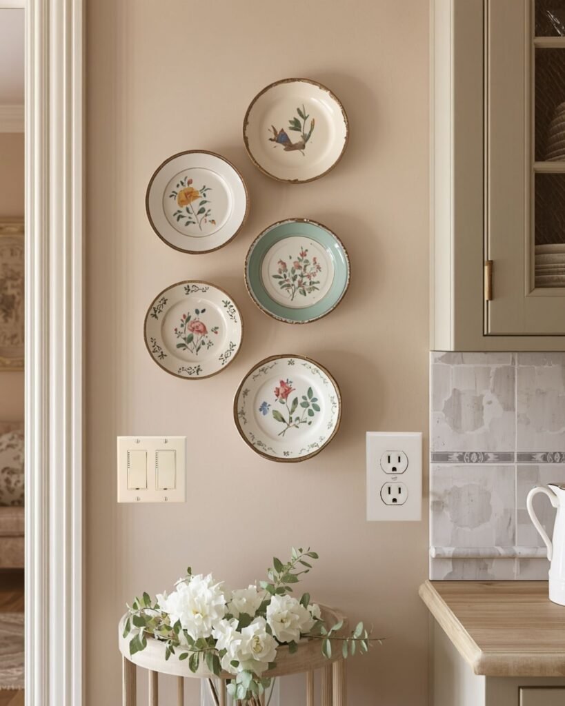 Vintage plates displayed on a cozy cottage kitchen wall with soft collected charm