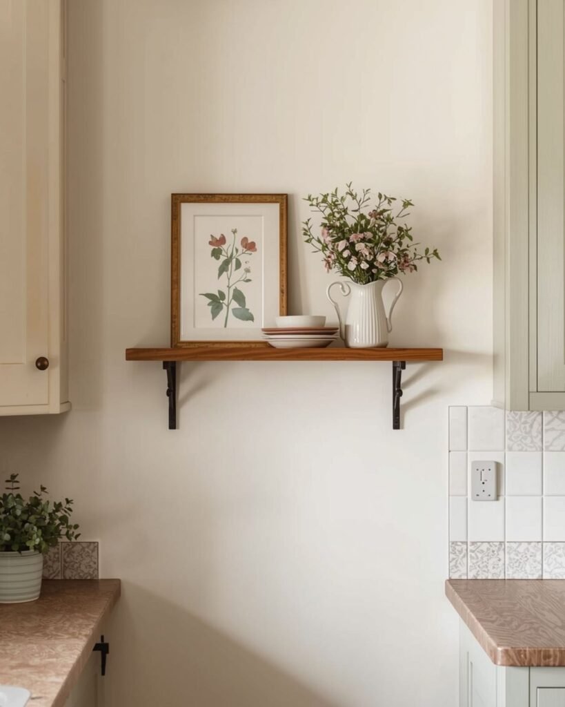 Small shelf styled with collected decor in vintage cottage