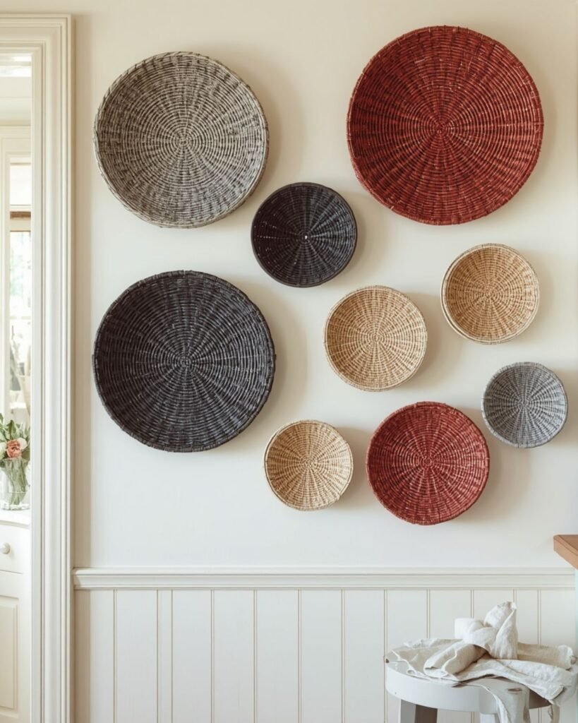 Vintage kitchen wall baskets adding soft texture in a cozy cottage kitchen