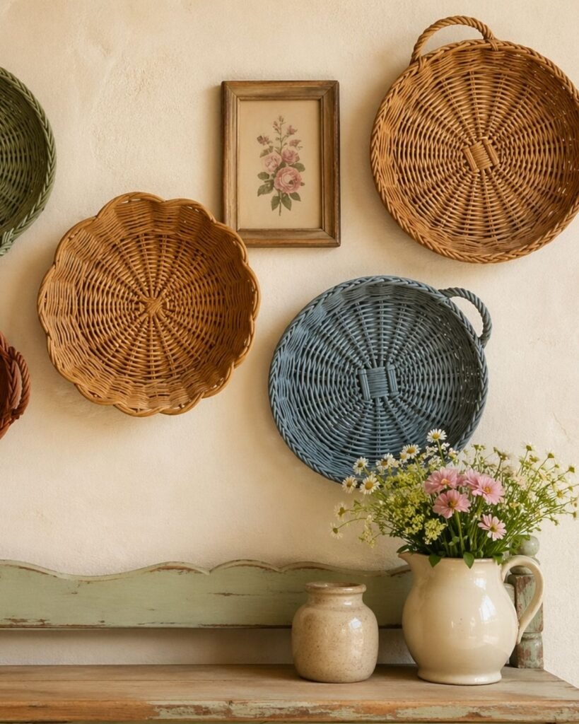 Kitchen wall decor ideas with woven wall baskets, floral curtains, ceramic dishes, and wooden utensils in a cozy vintage kitchen.