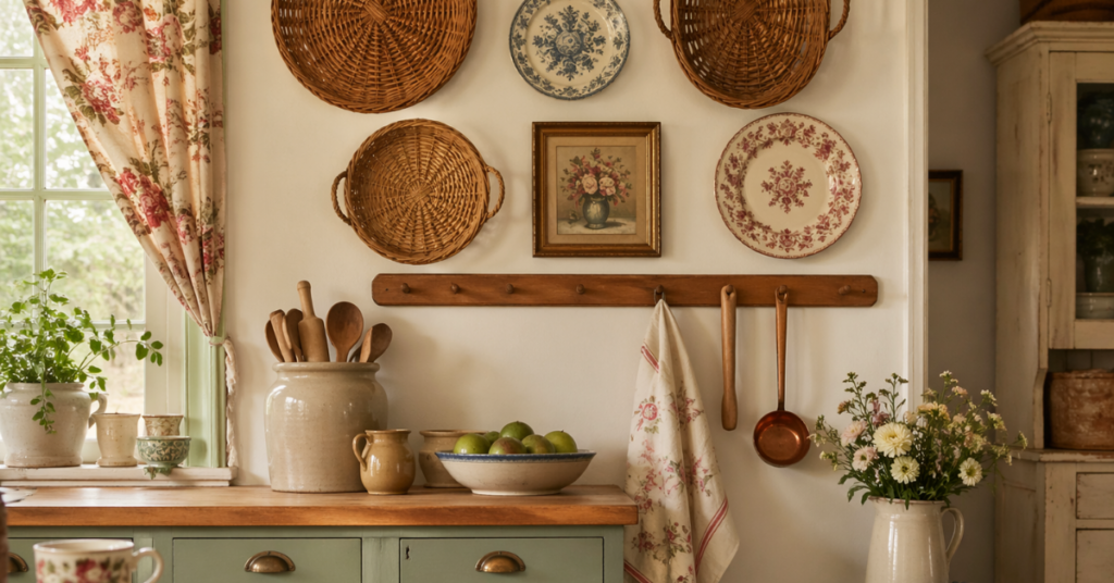Vintage kitchen wall decor ideas with woven wall baskets, pretty plates, framed art, and a wooden peg rail in a cozy cottage kitchen.