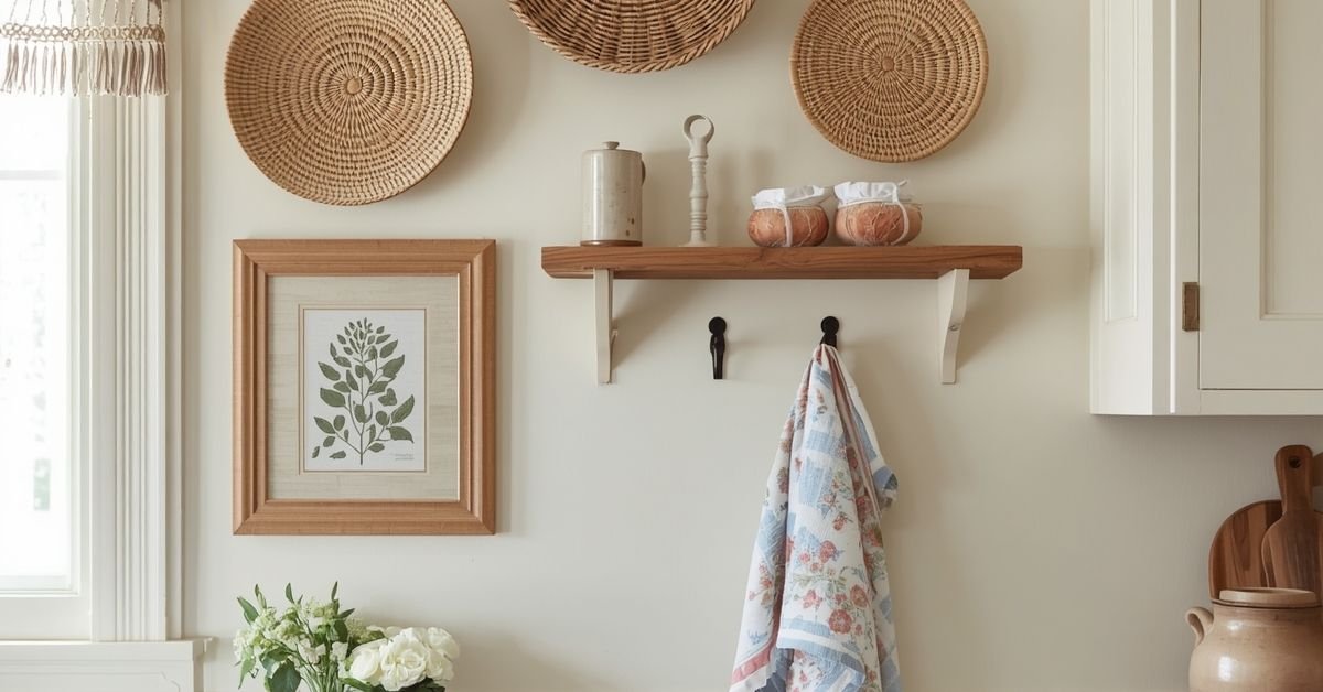 Vintage kitchen wall decor in a cozy cottage kitchen with baskets, framed art, and soft collected charm