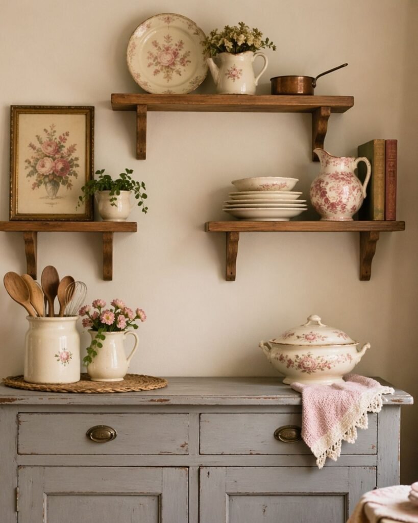 wooden wall shelves, framed floral art, vintage dishes, and a gray cupboard in a cozy cottage kitchen.
