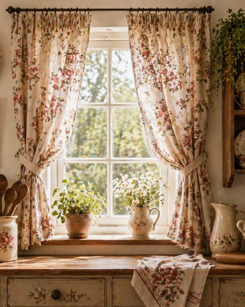 a sunny window with floral curtains, vintage plates, framed botanical art, plants, and cozy cottage dishes.