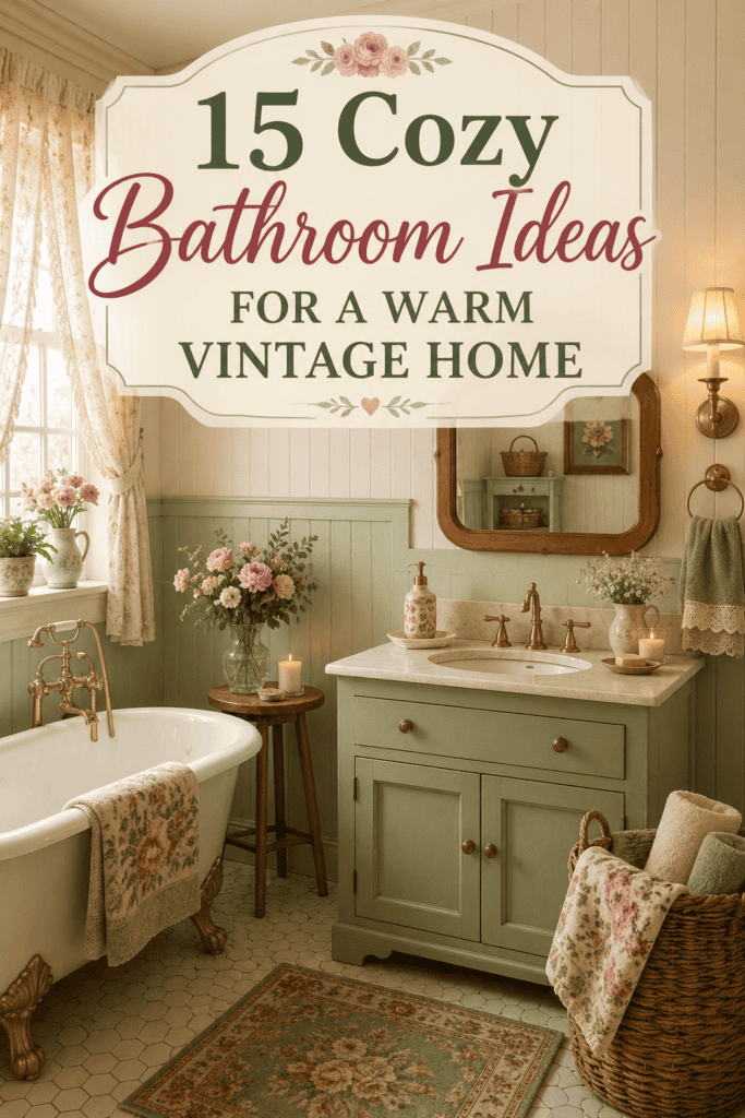 Pinterest pin for 15 cozy bathroom ideas featuring a vintage cottage bathroom with sage vanity, floral details, brass fixtures, and warm cozy decor.