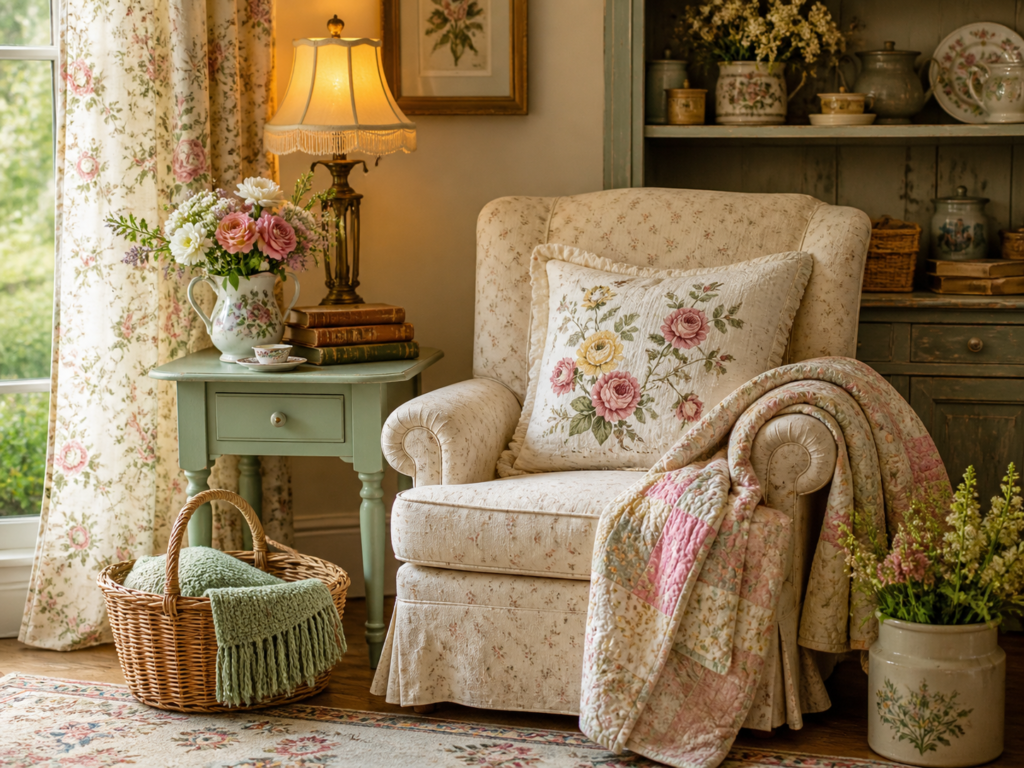 a vintage-style reading corner with floral curtains, a soft armchair, quilt, warm lamp, and collected cottage decor details.