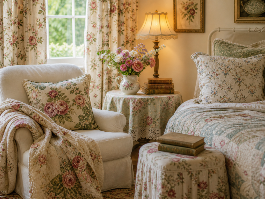 soft floral fabrics, including floral curtains, a cozy chair, floral pillow, quilt, vintage books, and a warm lamp.