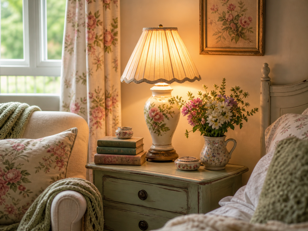 Cottagecore decor ideas with a warm vintage lamp on a painted side table beside floral curtains, old books, flowers, and cozy cottage fabrics.